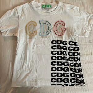 Comme des Garcons White Tee with Multicolor CDG Print